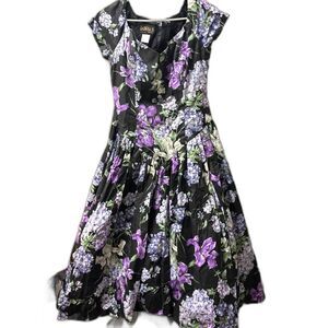 Loralie VTG Dress Black Lavender 80s Floral Full Skirt Prom Retro 16 Cottagecore